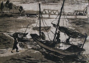 Boat on river 25x30cm wood - engraving 73 p 0.1
